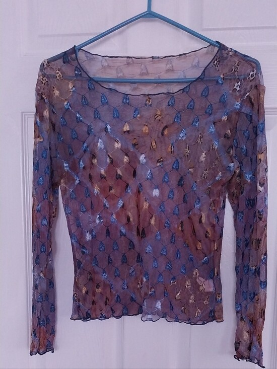Tops - Sheer Long-Sleeve Mesh Top in Blue and Brown